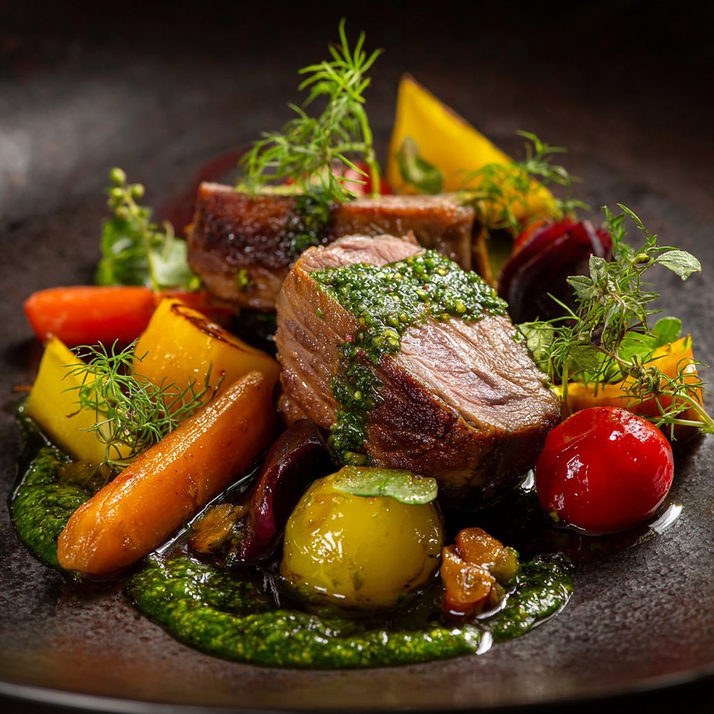 Slow-cooked Greek lamb with herbs and smoked vegetables